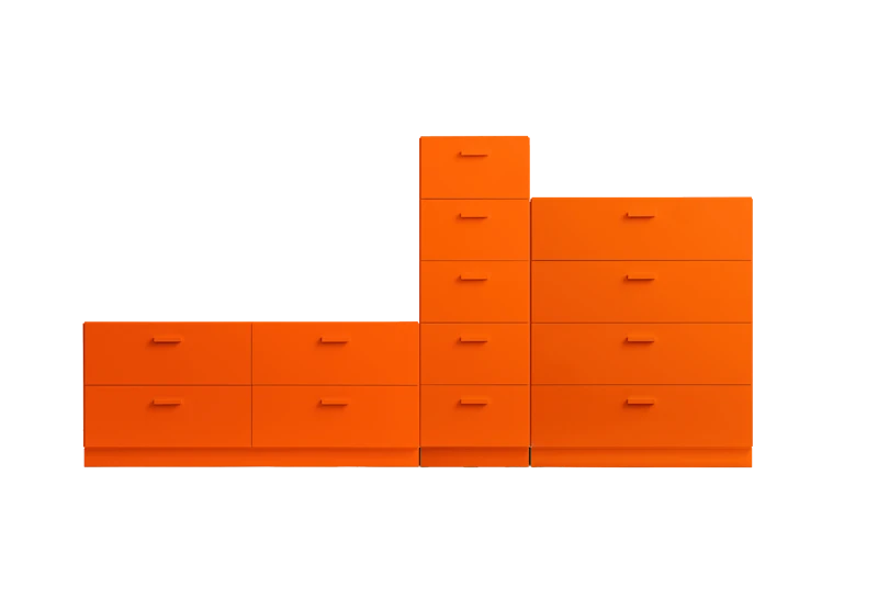 One low, one tall and one wide Relief drawer with plinth Orange