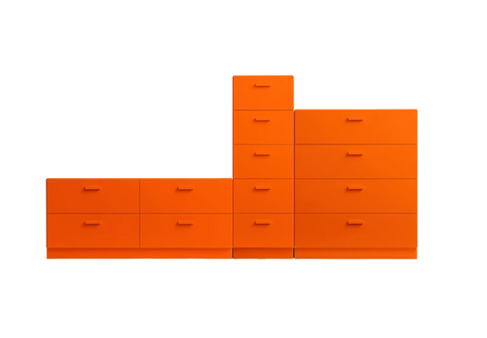 One low, one tall and one wide Relief drawer with plinth Orange