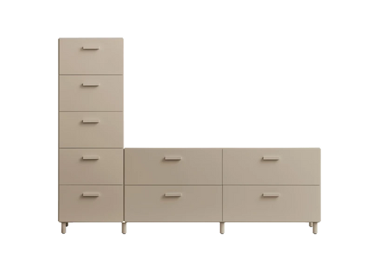 One low and one tall Relief drawer with legs Beige
