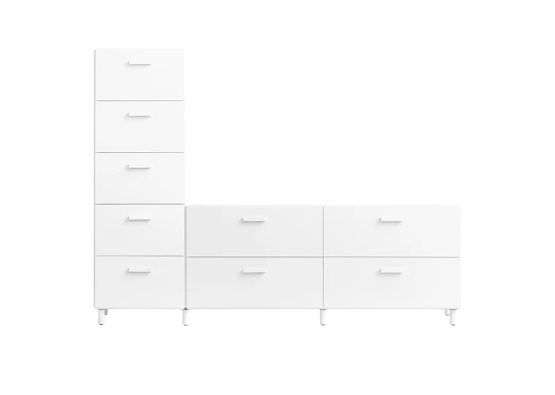 One low and one tall Relief drawer with legs White