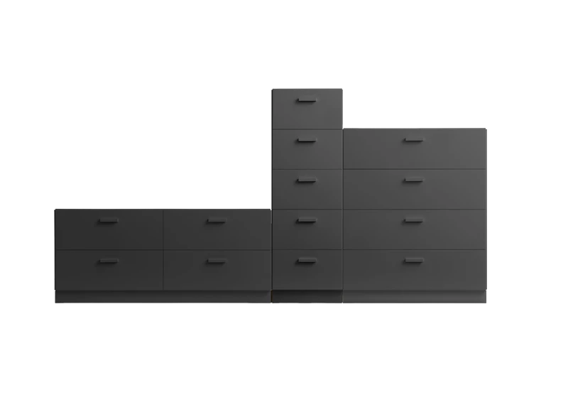 One low, one tall and one wide Relief drawer with plinth Grey