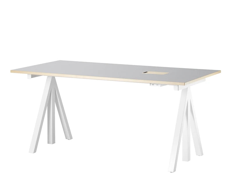 Height-adjustable work desk 160x78 White/Light grey linoleum with edging in ash