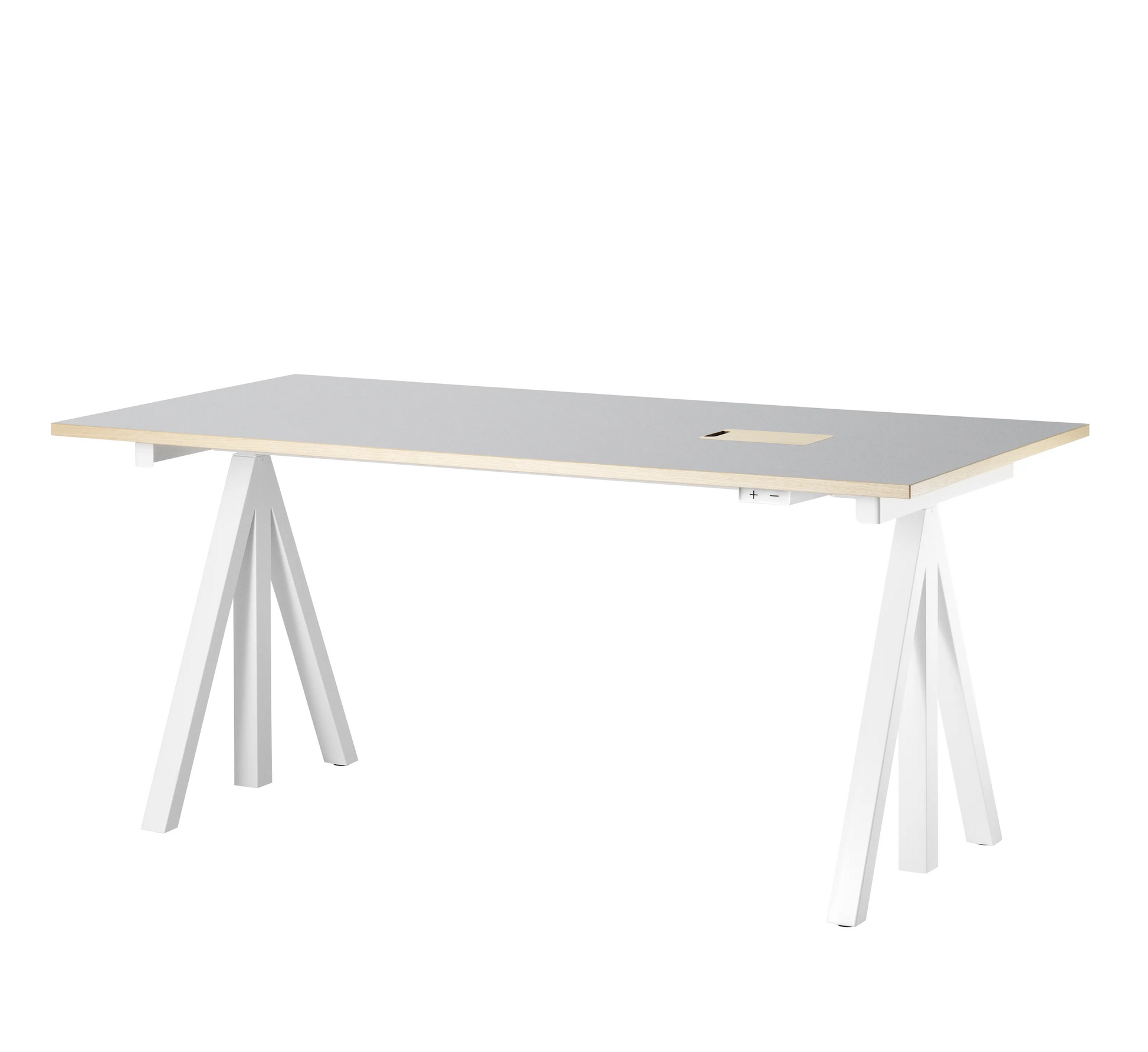 Height-adjustable work desk 160x78 White/Light grey linoleum with edging in ash - image 3