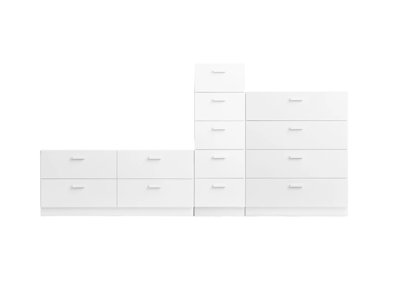 One low, one tall and one wide Relief drawer with plinth White