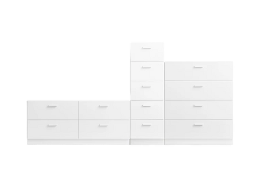 One low, one tall and one wide Relief drawer with plinth White