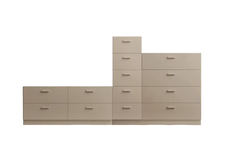 One low, one tall and one wide Relief drawer with plinth Beige