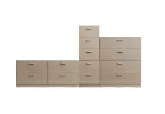 One low, one tall and one wide Relief drawer with plinth Beige