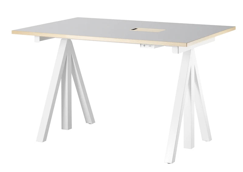 Height-adjustable work desk 120x78 White/Light grey linoleum with edging in ash
