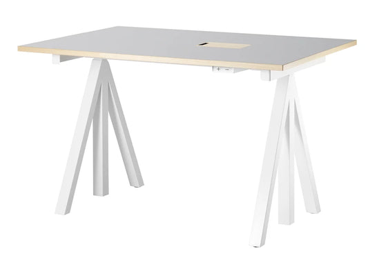 Height-adjustable work desk 120x78 White/Light grey linoleum with edging in ash
