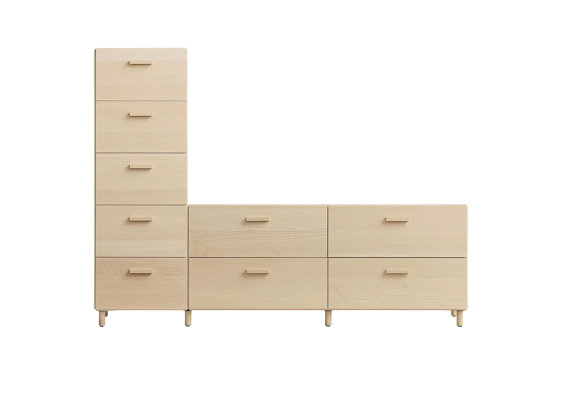 One low and one tall Relief drawer with legs Ash
