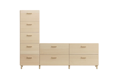 One low and one tall Relief drawer with legs Ash