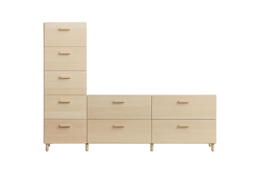 One low and one tall Relief drawer with legs Ash